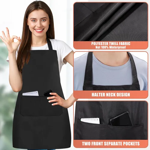 Miniatura 4 de Paquete de 12 delantales con peto, delantales negros a granel, delantales unisex lisos con 2 bolsillos, delantal negro lavable a máquina