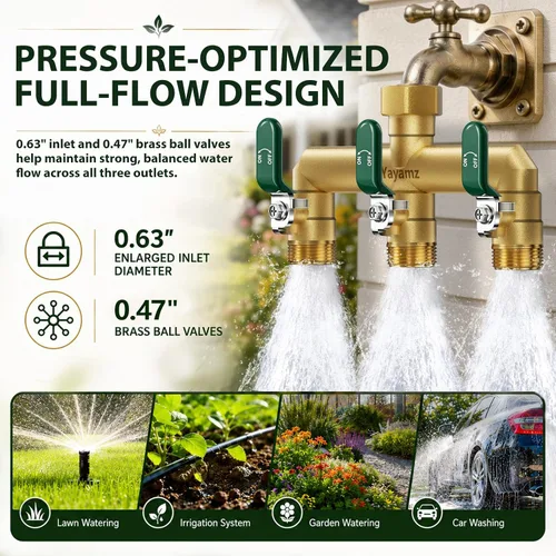 Miniatura 3 de Divisor de manguera de jardín de 3 vías, divisor de espiga de latón para exteriores, 3/4 pulgadas GHT 0.47" Full Flow Ball Valve, Shut-off Valves
