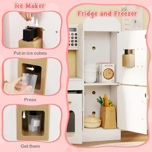 Miniatura 3 de HONEY JOY Cocina de Juego de Esquina con Carrito Rodante, Juego de Cocina de Juguete de Madera de Simulación con Luces, Máquina de Hielo, Estufas
