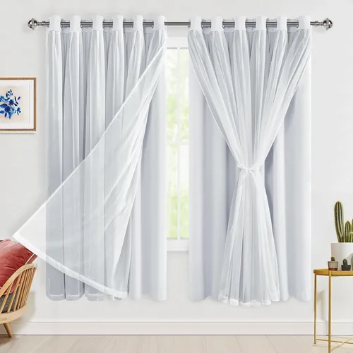 Miniatura 119 de Hiasan Cortinas opacas con superposición transparente, aislamiento térmico para mezclar y combinar de doble capa, cortinas de oscurecimiento de Beige