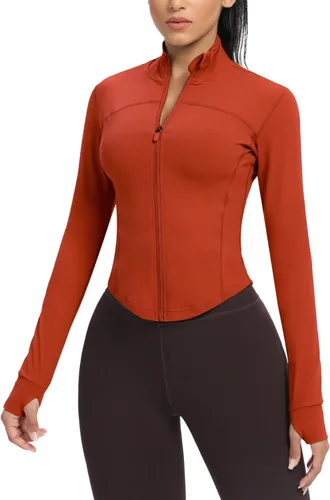 Miniatura 94 de AVGO Chaquetas de entrenamiento recortadas para mujer, con cremallera, ajustadas, atléticas, con agujeros para el pulgar