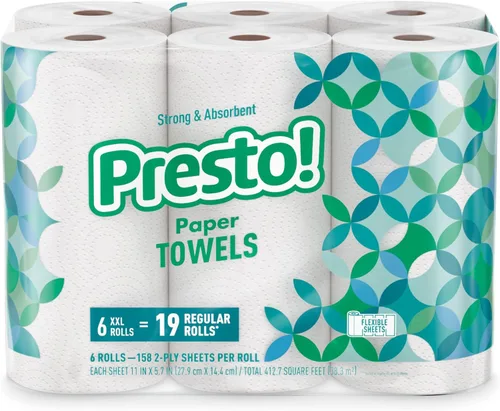 Marca Amazon Presto! - Toallas de papel ultra fuertes de alta calidad, rollo enorme de 158 hojas, tamaño flexible, 6 rollos, equivalentes a 19