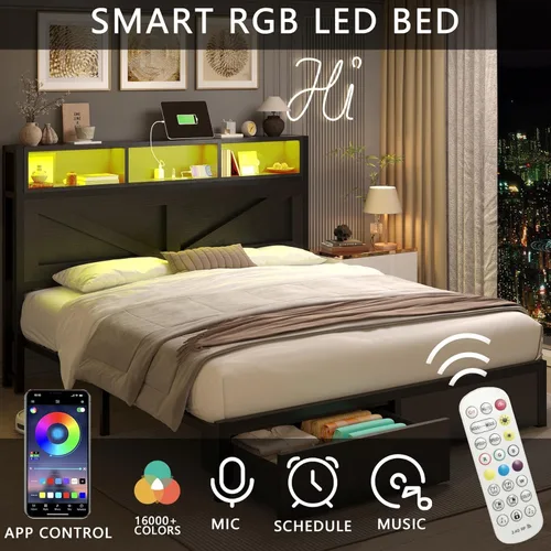 Miniatura 5 de Marco de cama Queen estilo granja con cabecero con estantería y cajones de almacenamiento, luces LED y estación de carga, no necesita somier, sin