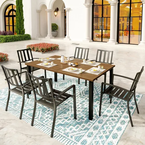 Miniatura 8 de SUNSHINE VALLEY Juego de 7 sillas de comedor para patio, material metálico, 6 sillas de comedor de color teca rectangular con agujero para sombrilla