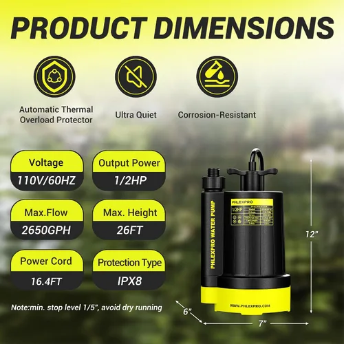 Miniatura 2 de Bomba de sumidero PHLEX PRO de 1/2HP - Bomba de agua sumergible de 2650GPH, bomba de utilidad termoplástica eléctrica portátil de transferencia