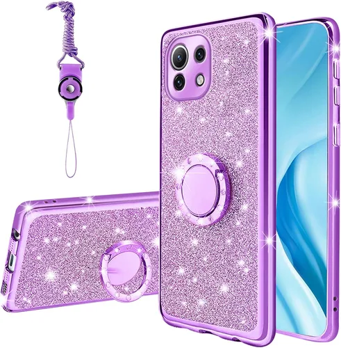 Funda para Xiaomi Mi 11 Lite 4G/5G, cubierta protectora de TPU suave con cristal de purpurina con soporte de anillo 360, púrpura brillante