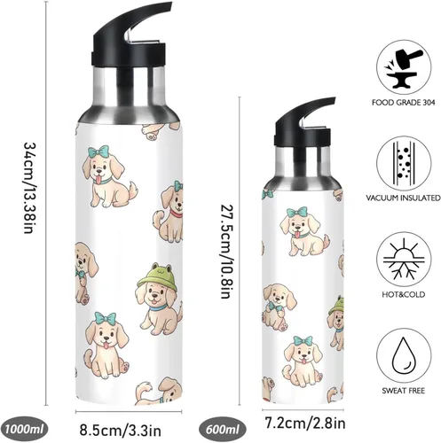 Miniatura 2 de Cute Cartoon Dogs White Insulated Stainless Steel Water Bottle with Straw 20 Oz Leakproof Water Bottles, BPA-Free Sports Water Bottle with Straw