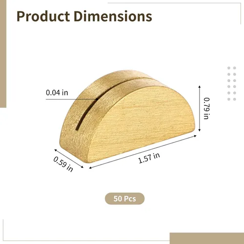 Miniatura 5 de Paquete de 50 soportes para números de mesa, pequeños tarjeteros de madera, elegante diseño medio redondo para tarjetas de identificación, Oro