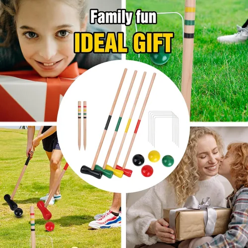 Miniatura 6 de GOTHINK Juego de croquet para 4 jugadores con bolas de madera para adultos y niños, juegos de verano al aire libre para escuela, campo, día