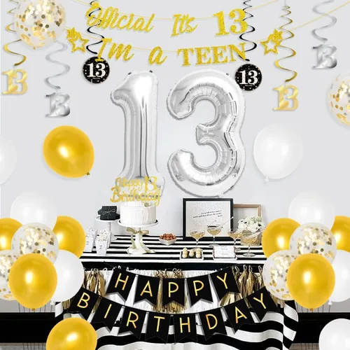 Miniatura 2 de Decoraciones de cumpleaños número 13 para niños y niñas, suministros de fiesta de cumpleaños número 13 negro dorado con pancarta colgante en espiral