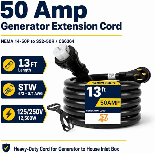 Miniatura 2 de Cable de extensión de generador de 50 amperios, cable de alimentación resistente de 13 pies 14-50P a SS2-50R para RV, interruptor de transferencia