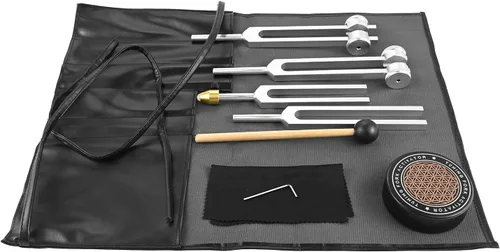 Miniatura 11 de Juego de diapasones 128Hz, 256Hz, 512Hz, instrumentos de sonido, diapasones Chakra con martillo, bolsa de almacenamiento y paño de limpieza, dorado