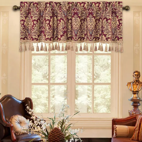 Miniatura 23 de Loom and Mill Cenefas de jacquard de lujo para ventana de sala de estar, elegante cenefa de cortina de damasco beige con ribete de cuentas, cortina
