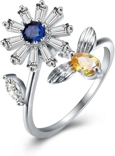 Anillo ajustable para mujer anillo de piedra natal circonita cúbica anti ansiedad apertura de flores y abejas anillo giratorio para niña anillo de