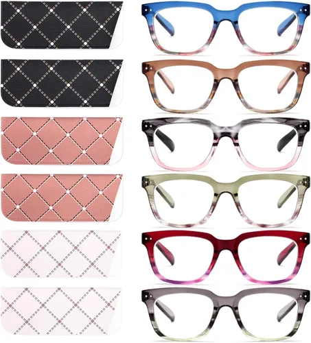 Miniatura 13 de Paquete de 6 lentes de lectura de moda para mujeres y hombres, bloqueo de luz azul, lectores cuadrados de gran tamaño con bisagra de resorte Paquete