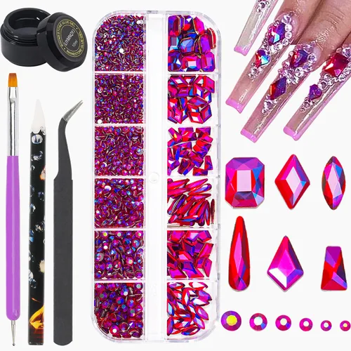 Miniatura 8 de Kit de diamantes de imitación para uñas, 1500 piezas de diamantes de imitación redondos con parte trasera plana, gemas de uñas AB multiformas, 0.3