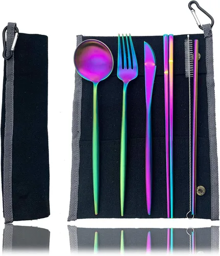 Miniatura 25 de JASHII El juego de cubiertos de viaje incluye cuchillo reutilizable, tenedor, cuchara, palillos, pajilla, utensilios ecológicos, utensilios de Azul