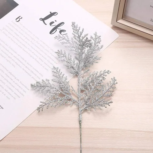 Miniatura 8 de DULRLLY 10 púas artificiales de hojas de Navidad, ramas de árbol de imitación doradas, adorno de árbol de Navidad, espray de hojas con purpurina