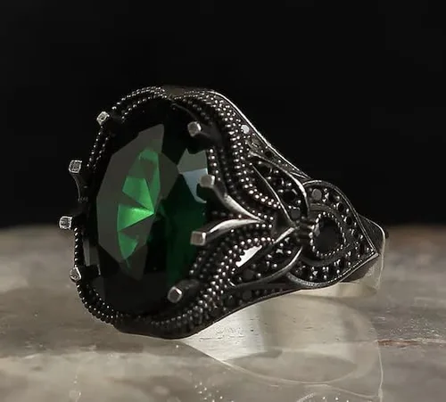 Miniatura 2 de Zircon Ring-925k Unisex Silver Jewelry-Vintage Gemstone Ring-Gift for Him and Her-925k Turkish Handmade Sterling Silver Green Ring