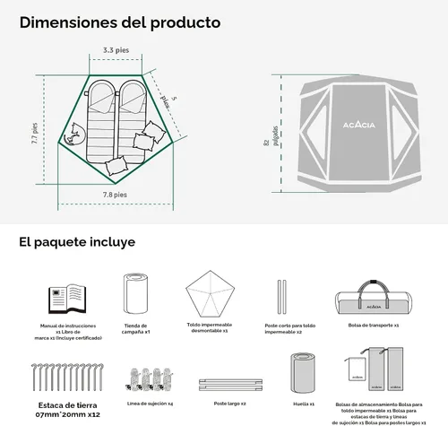 Miniatura 3 de ACACIA - Tienda de campaña para acampar, tienda desplegable con 8 ventanas y estera, tienda central impermeable y resistente al viento, fácil