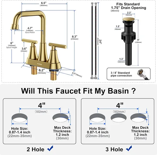 Miniatura 3 de Grifo para Lavabo de Baño, Hurran 4 Pulgadas Dorado Cepillado Grifos de Baño para Lavabo 3 Agujeros con Desagüe Pop-up y Mangueras de Suministro