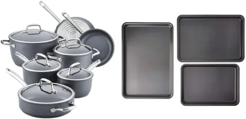 Anolon Accolade - Juego de ollas y sartenes antiadherentes anodizadas duras forjadas, 12 piezas, gris piedra lunar + Anolon Gourmet antiadherentes