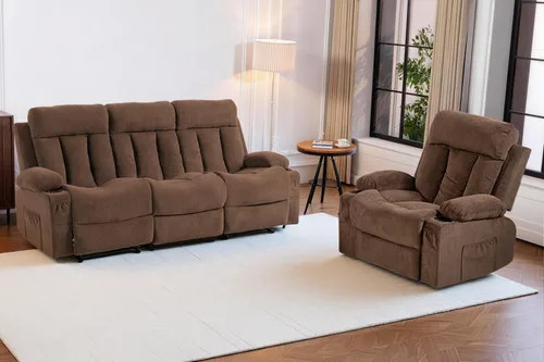 Miniatura 22 de Juego de sofá reclinable manual, 3 piezas con bolsillos laterales, portavasos para cine en casa, oficina (azul, sofá biplaza+silla)