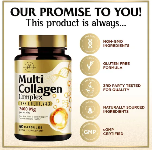 Miniatura 4 de Suplemento de colágeno múltiple de 2400 mg, el mejor complejo de colágeno hidrolizado para mujeres y hombres, con péptido tipo I, II, III, V, X