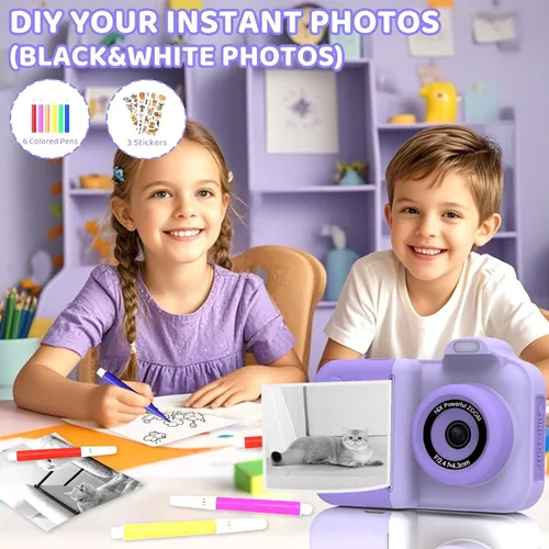 Miniatura 6 de Cámara de impresión instantánea para niños, selfie de doble lente HD de 1080P, cámara digital para niños pequeños con 5 rollos de papel y tarjeta