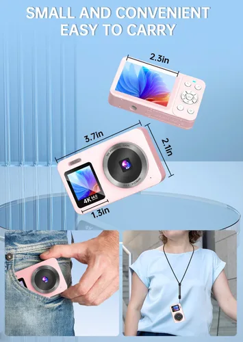 Miniatura 7 de Cámara digital rosa, cámara de doble pantalla 4K 64MP UHD, zoom de 18X, cámaras digitales portátiles para apuntar y disparar con tarjeta TF de 64