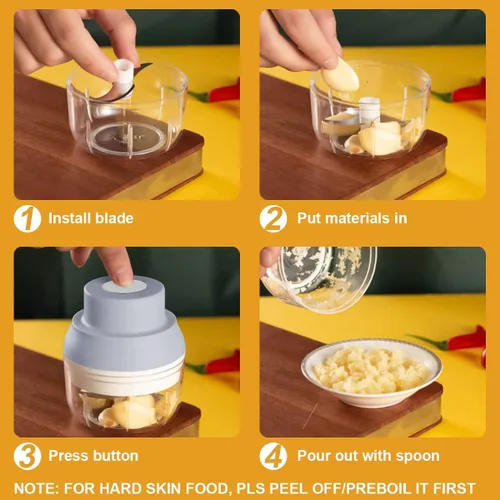 Miniatura 7 de Picadora eléctrica de ajos, trituradora de ajo eléctrica, procesador de alimentos pequeño con pelador de ajo y cuchara, 3.4 fl oz, gris
