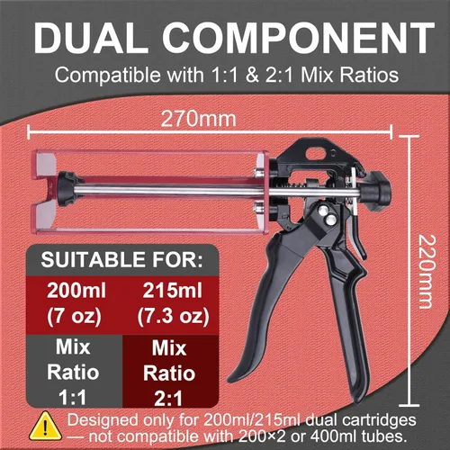 Miniatura 2 de Pistola epoxi de doble componente de 6.8 fl oz – Manual 1:1 y 2:1 aplicador adhesivo para epoxi, uretano, acrílico, pistola adhesiva de 2 partes