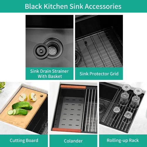 Miniatura 9 de LQS Fregadero de Cocina Empotrado Negro, Fregadero de Estación de Trabajo de Cocina Empotrado de 32 Pulgadas con Línea de Drenaje en Forma de X