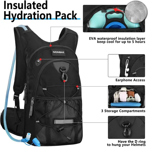 Miniatura 2 de NONSAR Mochila de hidratación de 3L con bolsa de agua, mochila de agua aislada para mujeres, hombres, niños, mantiene los líquidos frescos hasta 5