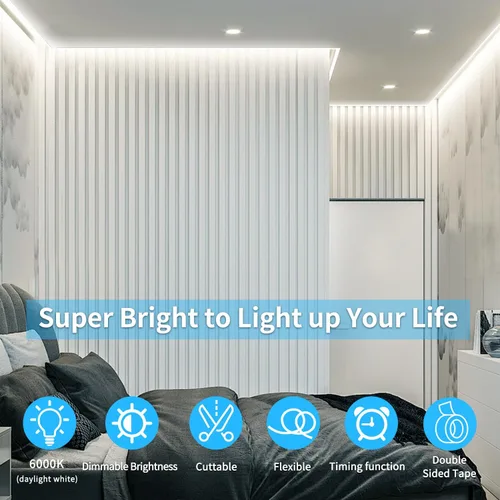 Miniatura 6 de Tira de luces LED COB de 32.8 pies, CC 24 V, regulable, 6000 K, luz de cinta LED flexible blanca para dormitorio, con control remoto y aplicación