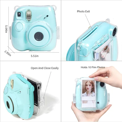 Miniatura 5 de CAIYOULE Funda transparente para cámara Fujifilm Instax Mini 7+ con bolsillo trasero de almacenamiento de fotos, espejo selfie, calcomanías y correa