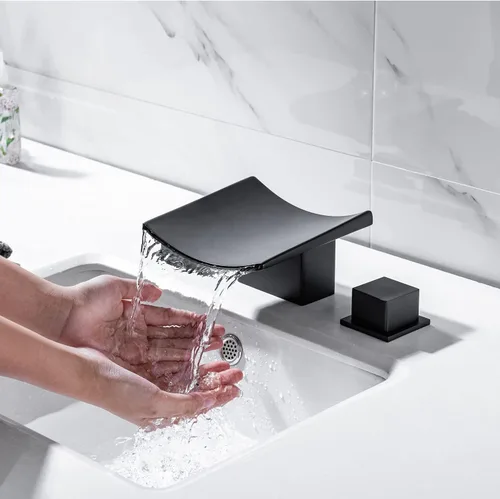 Miniatura 4 de Grifos de baño en cascada, moderno grifo de lavabo de baño de 3 agujeros, grifo mezclador de lavabo de latón de doble mango con mangueras de Negro