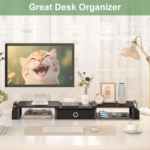 Miniatura 6 de Soporte elevador de monitor doble con cajón y pata de metal, estante de escritorio grande para 2 monitores con longitud y ángulo ajustables