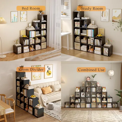 Miniatura 4 de OSCHF Estantería de almacenamiento en forma de cubo escalera, estante esquinero de 5 niveles en forma de L, organizador reversible de 15 cubos