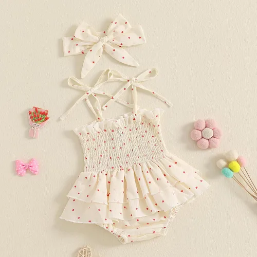 Miniatura 65 de Mameluco para bebés y niñas de 3, 6, 9, 12, 18 meses, enterizo de manga corta, fruncido, faldas y dobladillo, diadema
