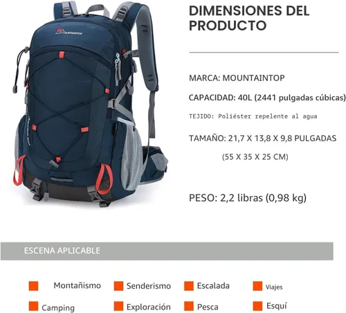 Miniatura 2 de Mochila de senderismo MOUNTAINTOP de 25 L/40 L, mochila de viaje ligera para senderismo al aire libre, camping para hombres y mujeres Azul y naranja