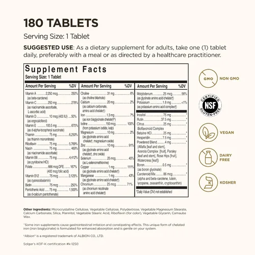 Miniatura 2 de Solgar Fórmula VM-75, 180 tabletas – Multivitamínico con minerales quelados – Vitamina A, B6, B12, C, D, E – Biotina, magnesio, calcio, hierro