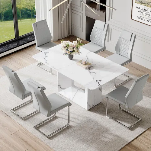 Miniatura 35 de Conjunto de mesa de comedor MUUOKY para 4, mesa de cocina de 63'' y sillas para 4, conjunto de mesa gris y 4 sillas modernas, adecuado para comedor