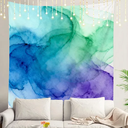 Miniatura 50 de Shrahala Tapiz de pared azul brillante, acuarela azul degradado para colgar en la pared, tapiz grande decorativo de fibra de poliéster, dobladillo