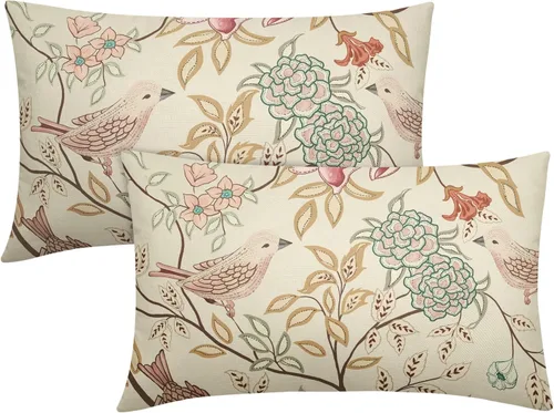 Juego de 2 fundas de almohada lumbar vintage de 12 x 20 pulgadas con diseño de pájaros florales y hojas rosas y verdes, fundas decorativas para