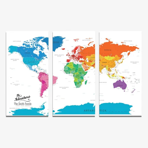 3 paneles - Mapa de viaje colorido del mundo con alfileres en lienzo envuelto en galería, mapa de pared grande