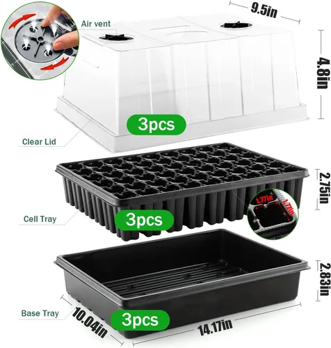 Miniatura 2 de Bandejas de Inicio de Semillas de Servicio Pesado con Cúpulas de Humedad de 5'' de Alto y Celdas Profundas de 2.75'' – Paquete de 3