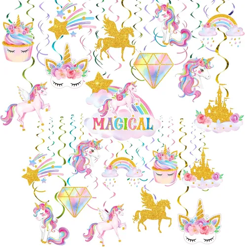 Zonon 51 piezas de unicornio colgante de remolino, decoraciones de unicornio para fiesta de cumpleaños para niñas, suministros de fiesta de