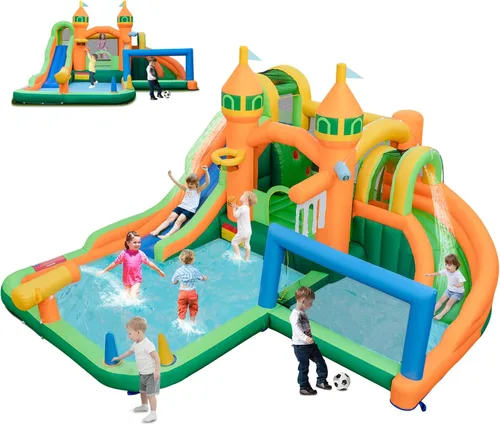 HONEY JOY Tobogán acuático inflable, casa de rebote de tobogán acuático 9 en 1 con toboganes dobles, piscina de chapoteo, pared de escalada, puerta