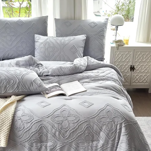Miniatura 13 de Edredón con Mechones Tamaño King Juego de 3 Piezas Beige Boho Decoración de Dormitorio Estilo Granja para Todas las Estaciones Edredón Tamaño King